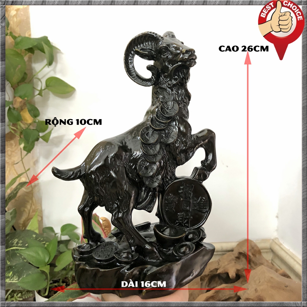 Tượng đá Dê phong thủy trang trí bàn làm việc mang may mắn tài lộc - Chiều cao 26cm - Màu nâu đen