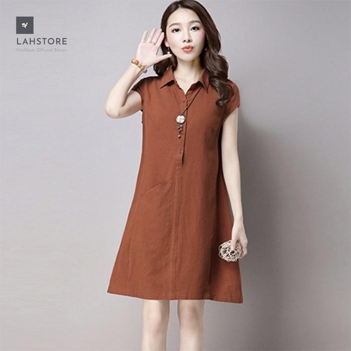 Đầm suông cổ sơ mi LAHSTORE phối túi bên hông, thời trang phong cách Hàn
