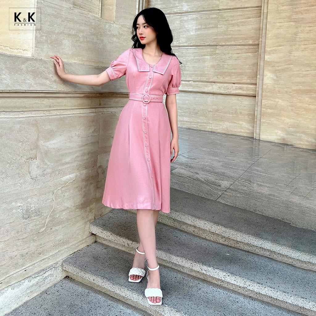 Đầm Công Sở Dáng Xòe Phối Đai Eo K&K Fashion KK115-31 Chất Liệu Cotton Chéo