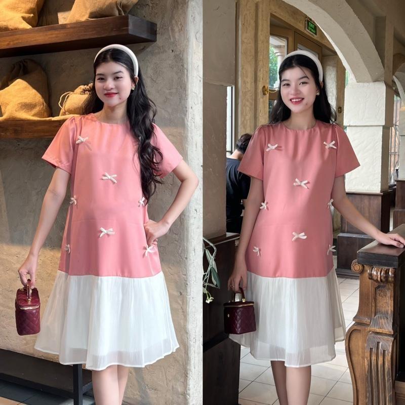 Đầm bầu đuôi cá đính nơ phối chân voan tơ sang chảnh chất cotton lạnh mát mẻ - Xanh đen