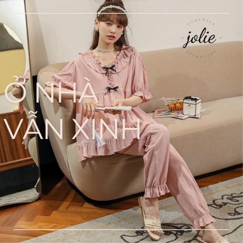 Bô Đồ Ngủ Pyjama Bèo Nơ Tay Ngắn Quần Dài Cotton Mùa Hè