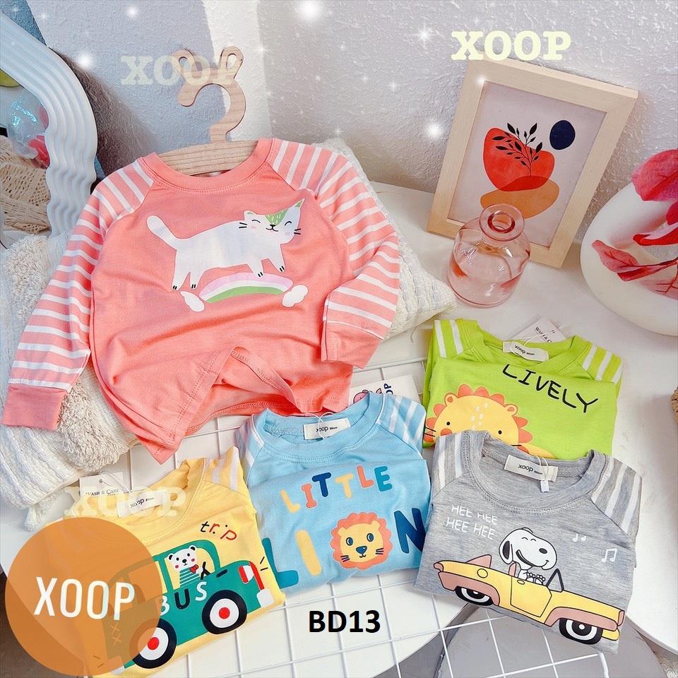Bộ dài tay chất thun lạnh- Bộ dài tay xoop kẻ cánh tay in họa tiết ô tô - bus cho bé BD13