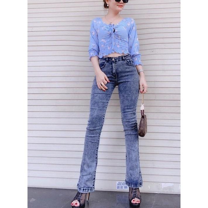 Quần Jeans Nữ Ống Loe Dài Lưng Cao Co Giãn Màu Xám Đen