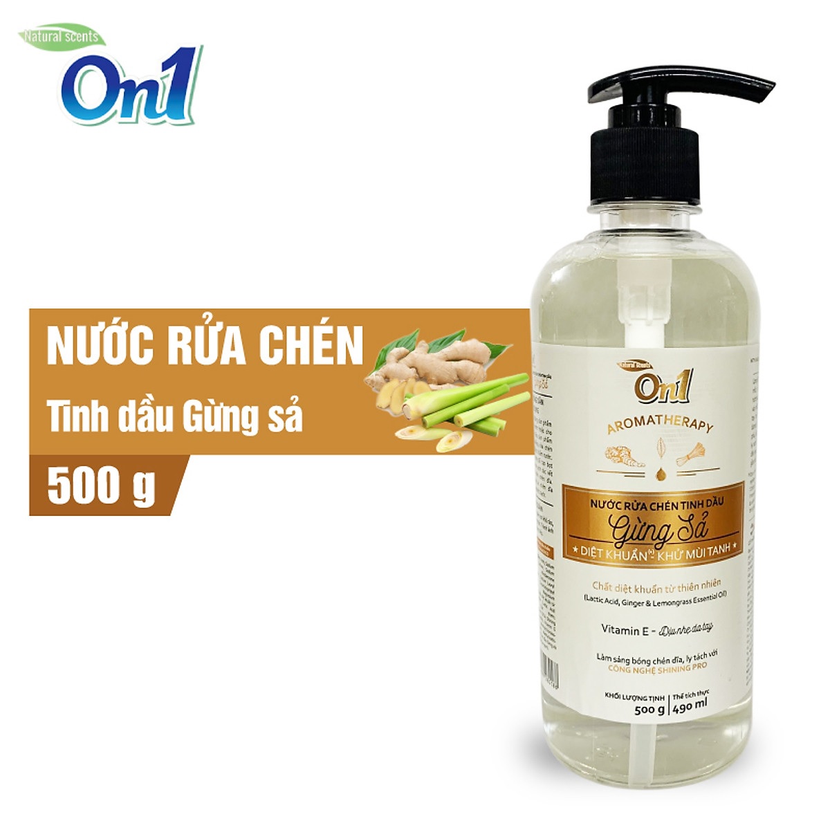 Nước rửa chén On1 tinh dầu hương gừng sả dung tích 500g N5502 -  Sạch bóng vết dầu mỡ - Bảo vệ da tay