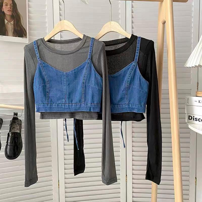 MS938 Áo hai dây denim, áo bò buộc dây mix váy áo siêu xinh