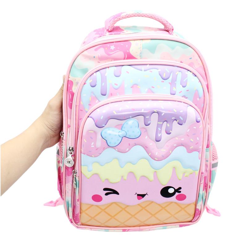 Ba Lô Học Sinh Cần Kéo 3 Ngăn - Hình Kem Mặt Cười - Hong Sheng 2021 - Màu Hồng