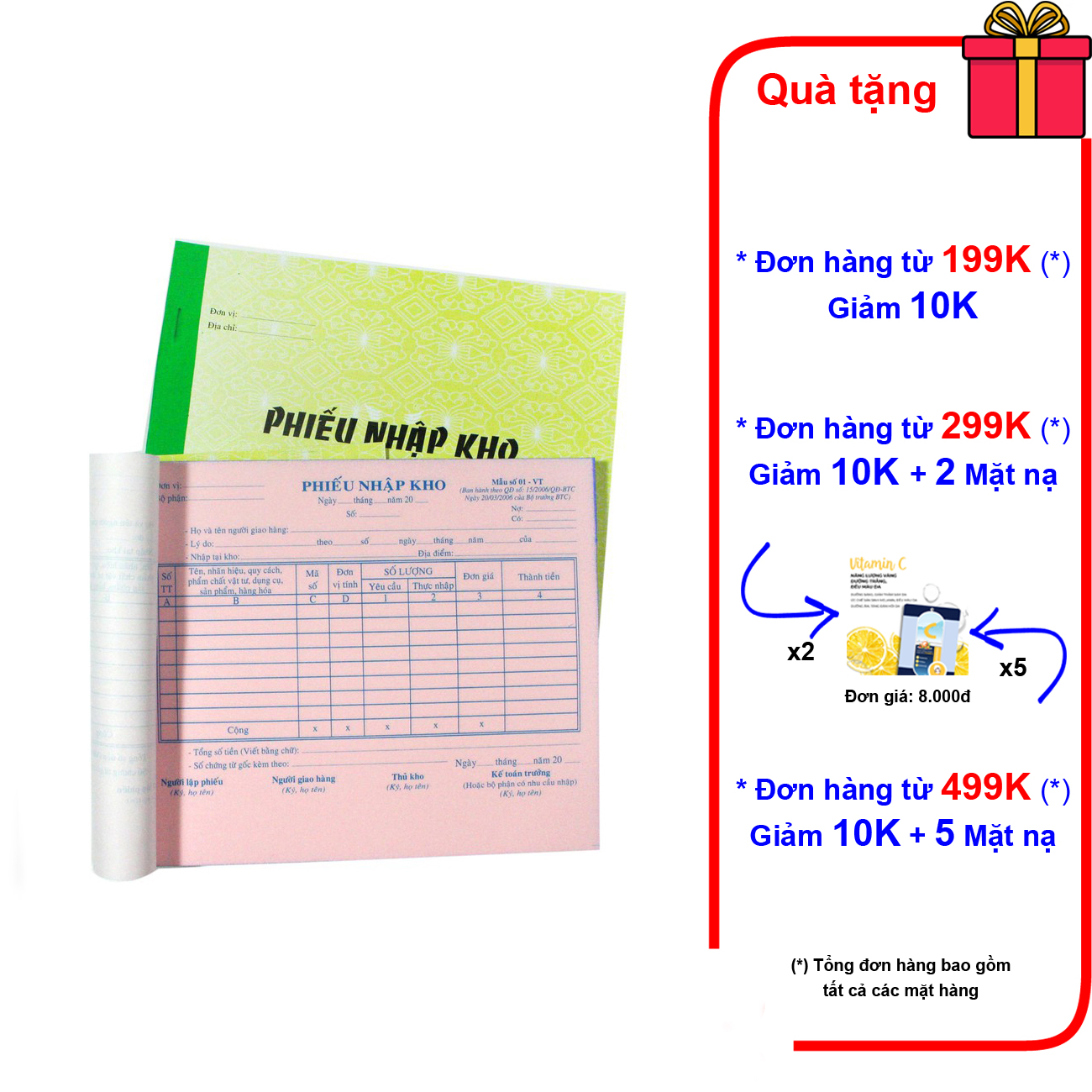 10 cuốn phiếu nhập kho 2 liên, 3 liên 16x20