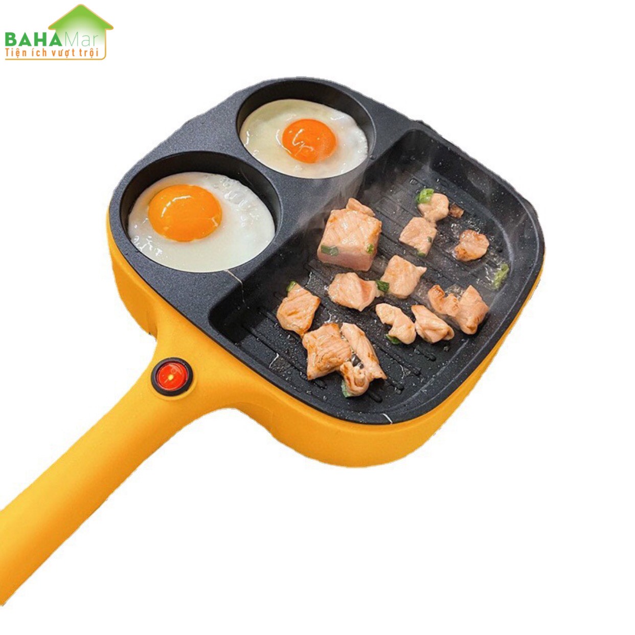 CHẢO ĐÁ ĐIỆN MINI CHỐNG DÍNH CHIA 3 NGĂN TIỆN SỬ DỤNG CHO BẾP "BAHAMAR" Chảo chia 3 ngăn, 2 ngăn tròn làm bánh, ngăn to dùng chiên, xào tiện lợi.
