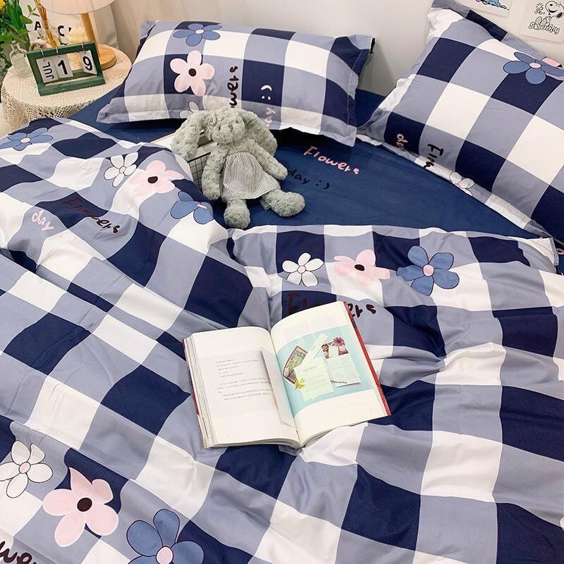 Bộ chăn ga Cotton Poly M2T bedding chăn ga Hàn Quốc họa tiết kẻ xanh than phối hoa đủ size miễn phí bo chun