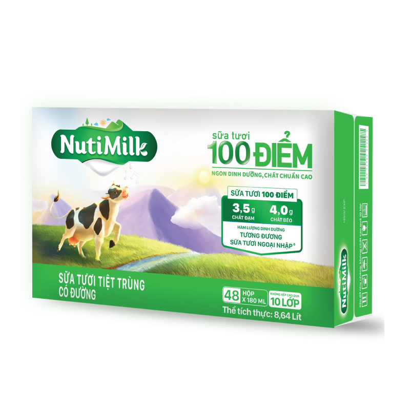 Thùng 48 Hộp NutiMilk Sữa tươi 100 điểm - Sữa tươi tiệt trùng Có đường 180ml TU.STCD180TI NUTIFOOD