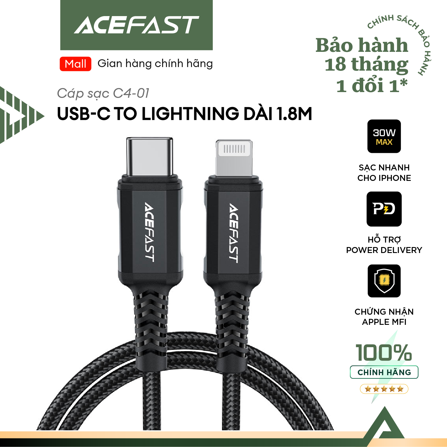 Cáp Acefast Type C to Light.ning - C4-01 Hàng chính hãng Acefast