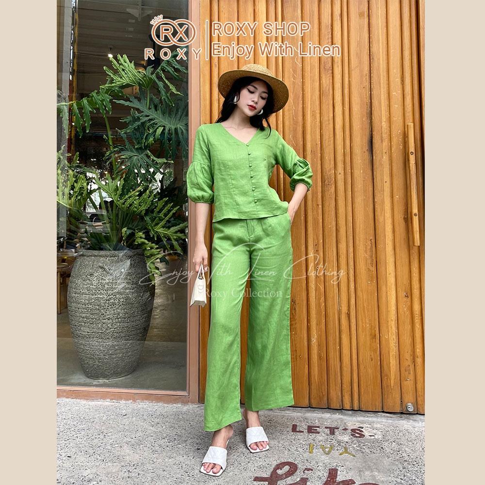 Set Bộ Linen Áo Tay Dài Cổ Tim Tay Dài Bo Chun Phối Quần Ống Suông