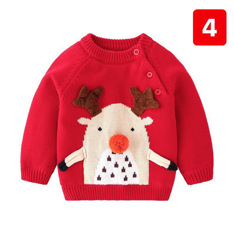 Áo len Noel cho bé 1-9 tuổi 2 lớp, Áo len đỏ bé trai và bé gái hình đáng yêu đanh sợi không bai xù