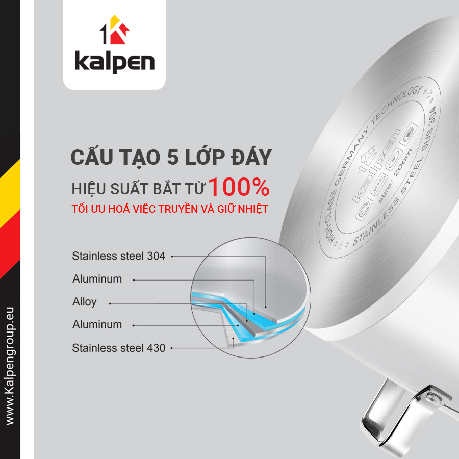 Bộ Nồi Inox 304 Đáy 5 Lớp Kalpen Gliter KP-3568X Hàng chính hãng