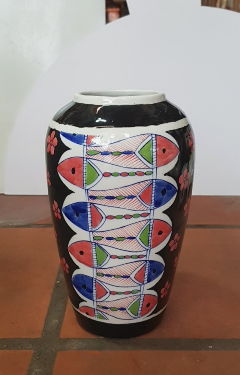 Bình hoa dạng ống tròn, họa tiết hình con cá và hoa, cao 25cm, trang trí nhà cửa, quà tặng tân gia, sinh nhật, gốm Bát Tràng. Giao từ HCM