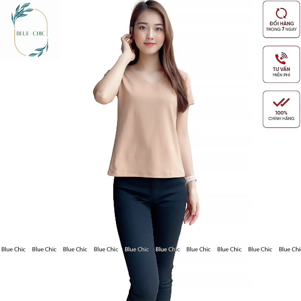 Áo phông nữ Blue Chic cộc tay cổ tim chữ v thun trơn form rộng co giãn màu đen trắng cam bigsize thời trang basic