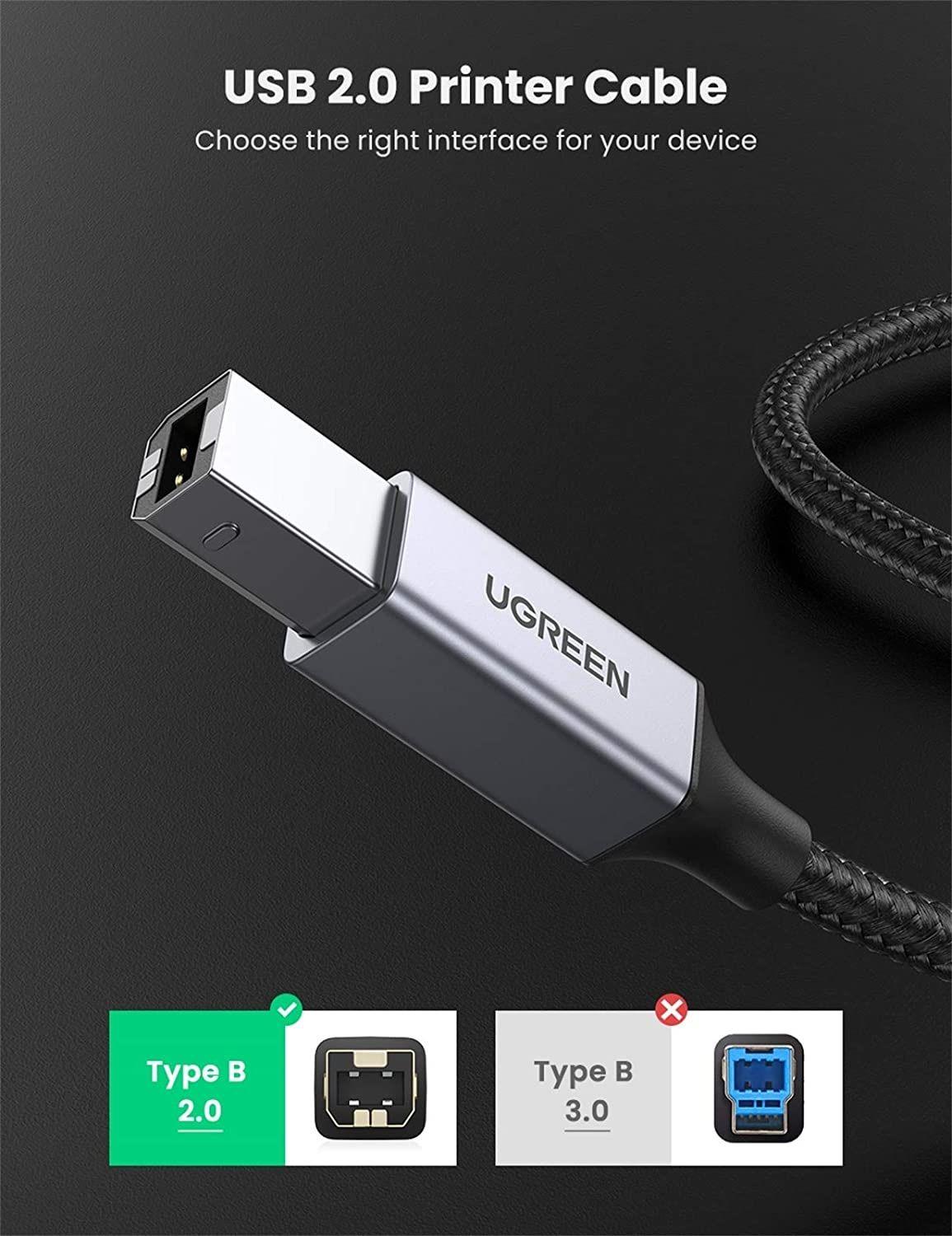 Ugreen UG80803US369TK 2M đầu nhôm dây bọc lưới chống nhiễu cáp máy in màu Đen 2.0 USB A sang B - HÀNG CHÍNH HÃNG