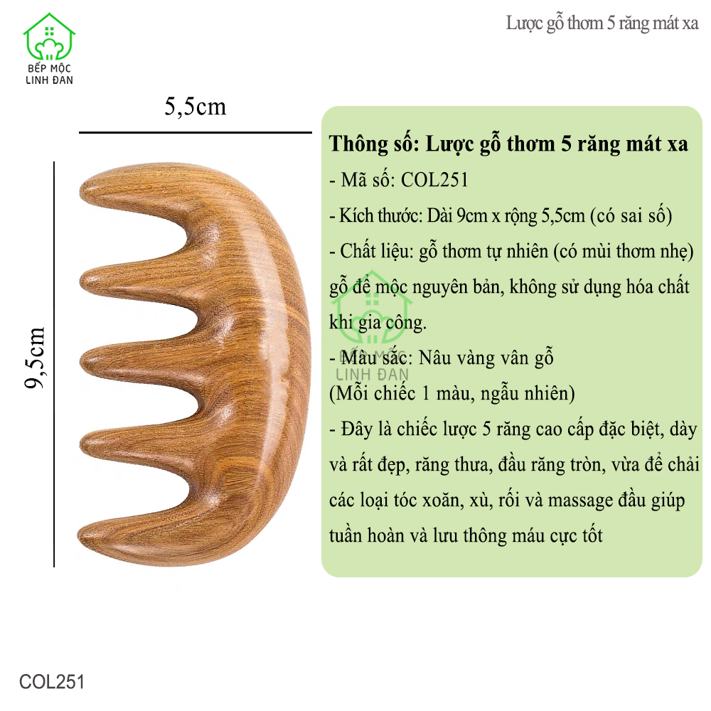 Lược Gỗ Thơm 5 Răng Massa - Lưu Thông Khí Huyết Đả Thông Kinh Mạch [COL251]