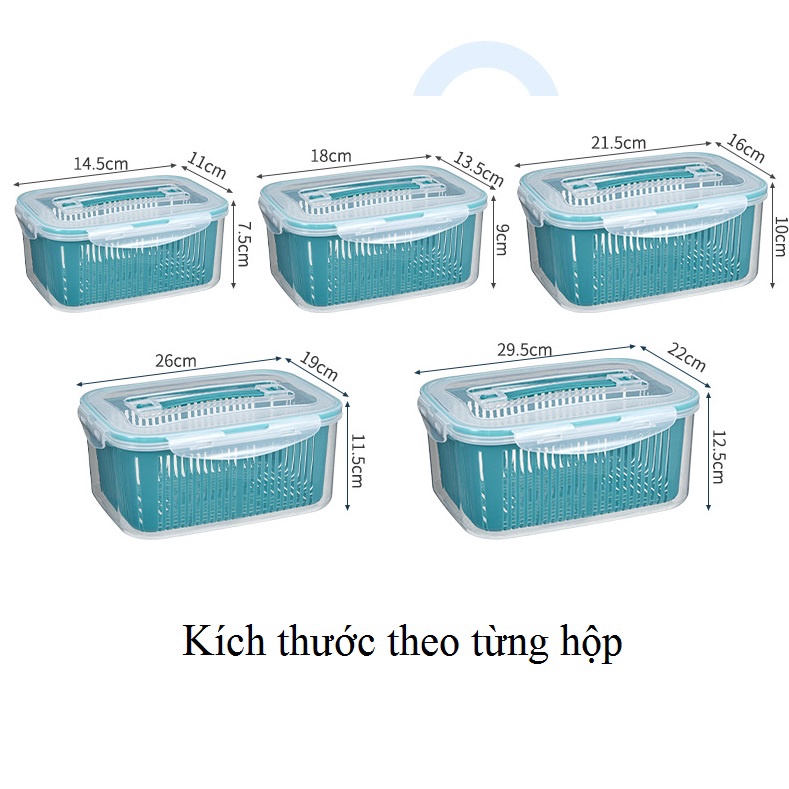 Combo 5 hộp nhựa kèm rổ đựng 2 in 1 cao cấp để và bảo quản thức ăn, rau củ quả tách nước, với 5 kích cỡ khác nhau dễ dàng xếp chồng lên nhau tiết kiệm không gian lưu trữ