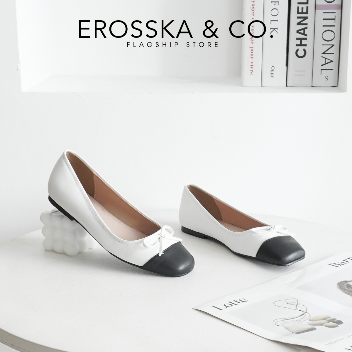 Erosska - Giày búp bê nữ đế bệt mũi tròn đính nơ xinh xắn - EF014