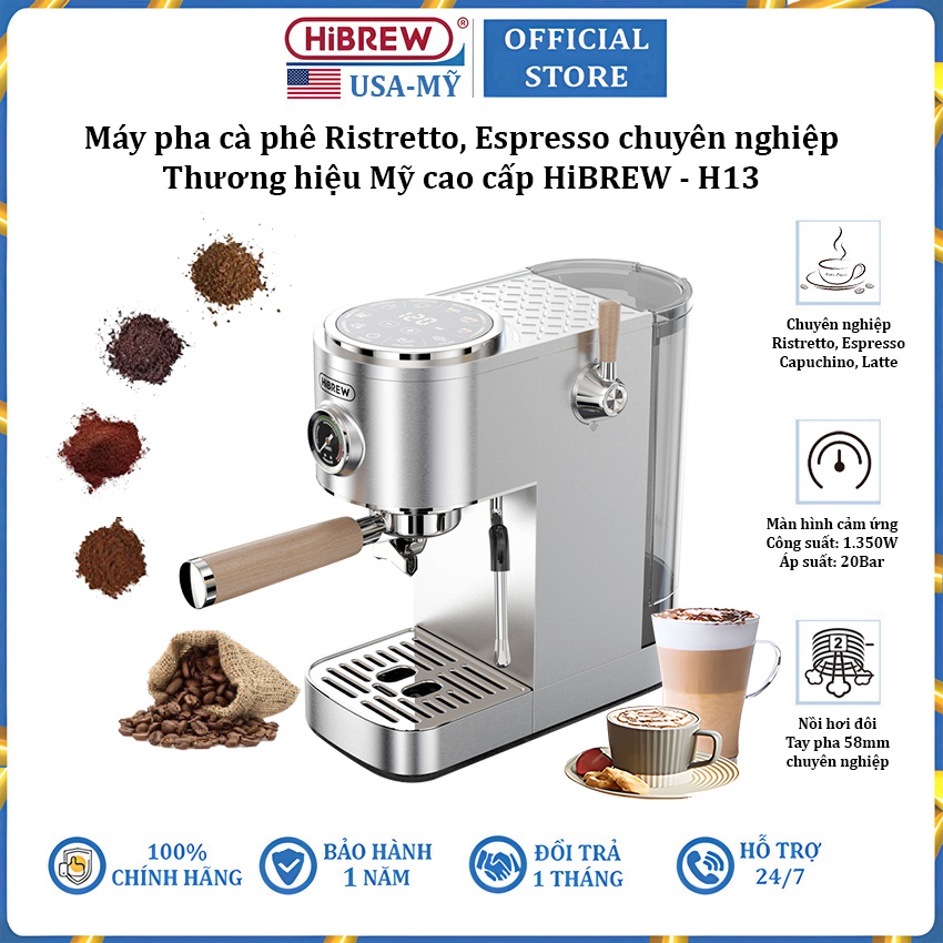 Máy pha cà phê Cappuccino, Ristretto, Espresso, Latte chuyên nghiệp thương hiệu Mỹ cao cấp HiBREW H13 - Hàng nhập khẩu