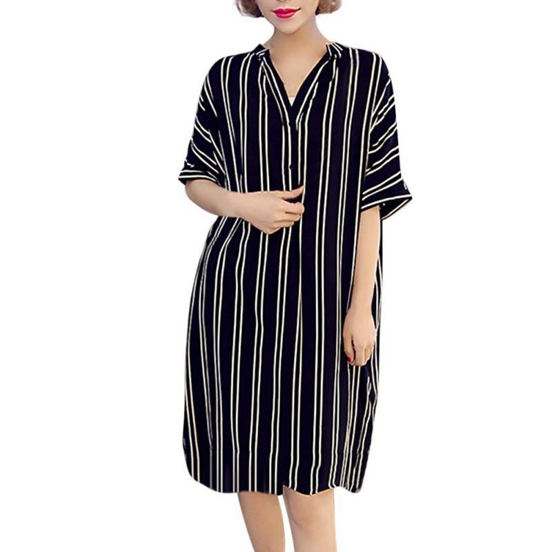 Đầm Sơ Mi Kẻ Sọc Tay Ngắn Dáng Rộng