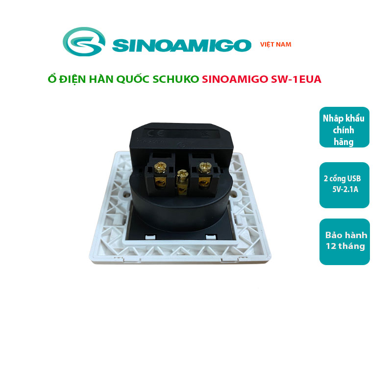 Ổ cắm điện Schuko có 2 cổng USB 5V-2.1A Sinoamigo SW-1EUA chính hãng