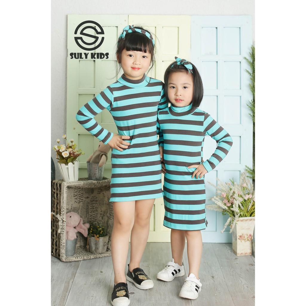 Váy Thu Đông Cho Bé Gái-Kẻ Xanh Đen Cotton-Kèm Nơ Buộc Tóc-Suly Kids Từ 6 Đến 18kg-Quần Ao Trẻ Em-Váy Cho Bé