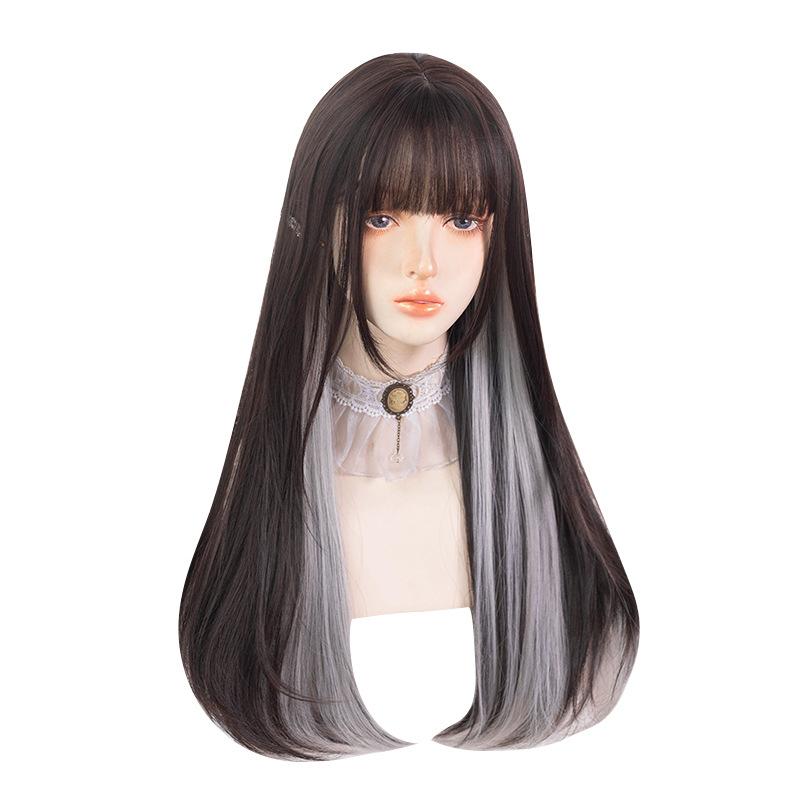 Wig/Tóc giả nữ sinh nhuộm hai lớp trắng xám mix nâu đen - M28 Nguyên đầu teen/lolita