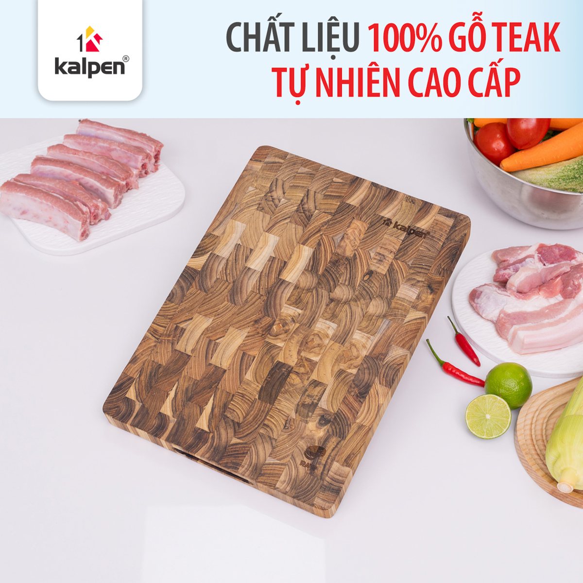 Thớt thái chữ nhật gỗ Teak tự nhiên KALPEN T6 20x30cm/ T7 25x35cm dầy 2.5cm hàng chính hãng