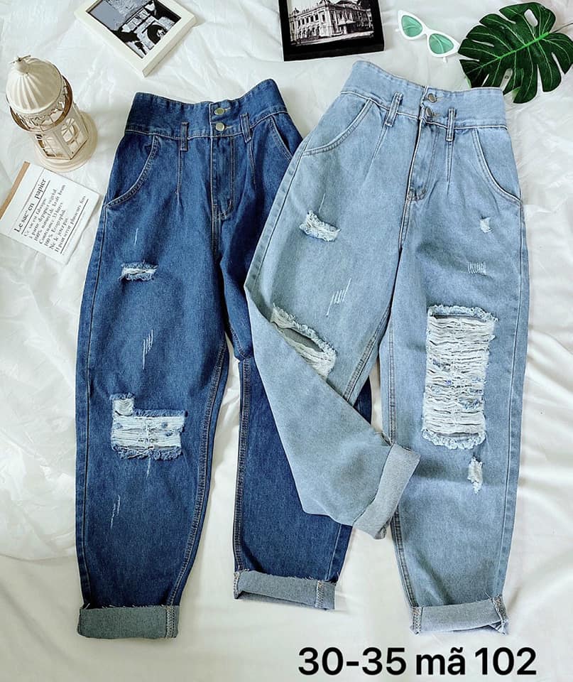 Quần baggy jean nữ rách gối lưng kiểu phối 2 nút