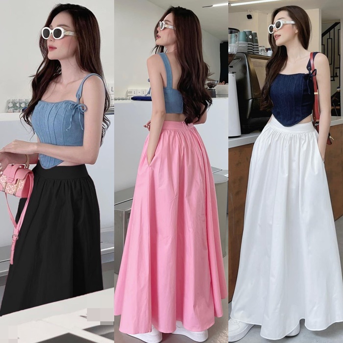 ĐẦM SET CHÂN VÁY MIDI DÀI XẾP LY SUÔNG TRƠN MAXI ĐEN / TRẮNG + ÁO CROPTOP DÂY CỔ U JEANS DENIM ĐI TIỆC ĐI BIỂN ĐI CHƠI DẠO PHỐ