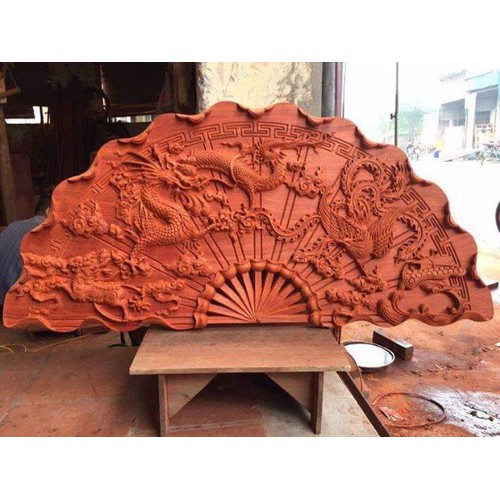 Tranh gỗ treo tường quạt tứ linh - gỗ hương đỏ