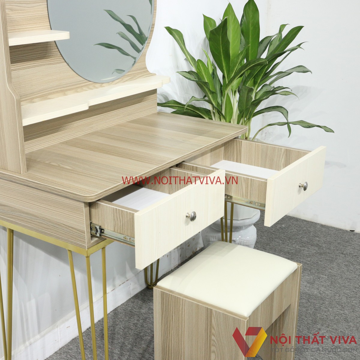 Bàn Trang Điểm Gỗ MDF Melamine Màu Kem Sọc Chân Sắt 2 Ngăn Kéo Gương Tròn