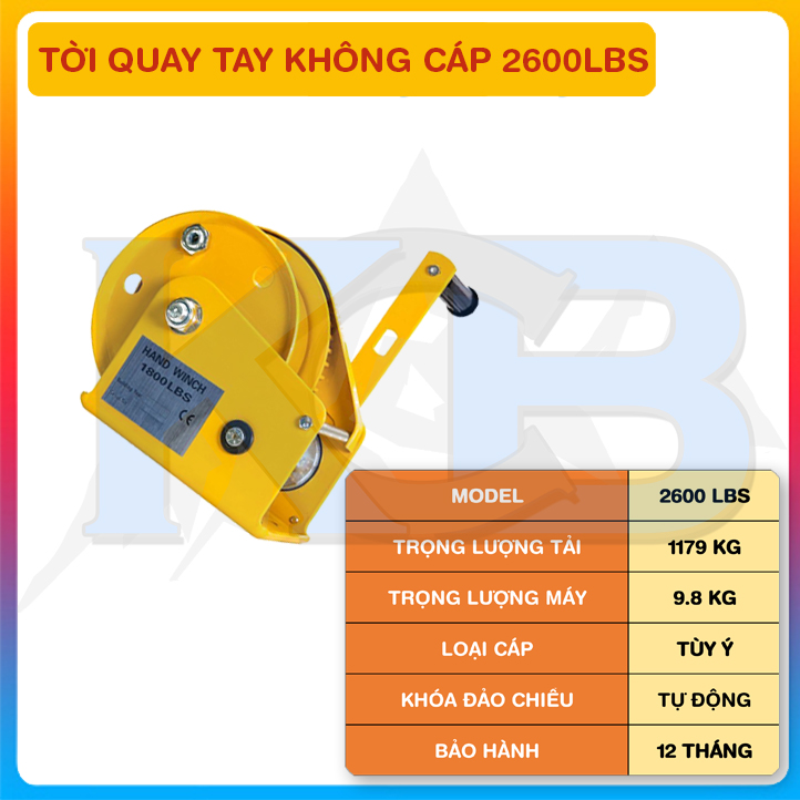 Tời quay tay không cáp 2600LBS- tải trọng nâng 1179kg