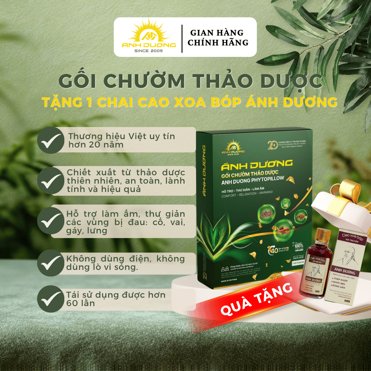 GỐI CHƯỜM THẢO DƯỢC ÁNH DƯƠNG TẶNG 1 CAO XOA BÓP ÁNH DƯƠNG - HỖ TRỢ LÀM ẤM, THƯ GIÃN VÙNG CỔ, VAI, GÁY, LƯNG VÀ CỘT SỐNG