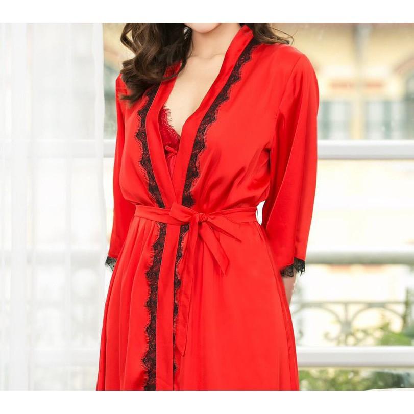 Áo choàng lụa mặc nhà phối ren mềm mịn mát sang trọng tặng kèm đai áo-Màu đỏ tươi Freesize dưới 70kg