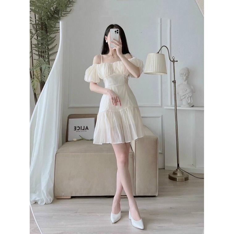 Váy 2 dây trễ vai, Đầm trắng tiểu thư ngắn hai dây Cao Cấp dáng chữ A tay ngắn ôm eo sexy gợi cảm - MiNhi