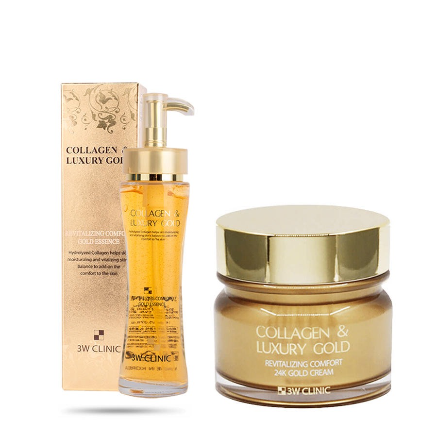 Combo Tinh chất và Kem dưỡng trắng da ngừa lão hoá 3W Clinic Collagen &amp; Luxury Gold