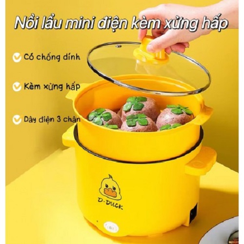 Nồi Lẩu Điện Mini Đa Năng Có Khay Hấp Vịt Vàng (1.8L) - Nấu Mì, Cháo, Lẩu, Chiên, Xào, Luộc - Nồi cơm điện, nồi đa năng