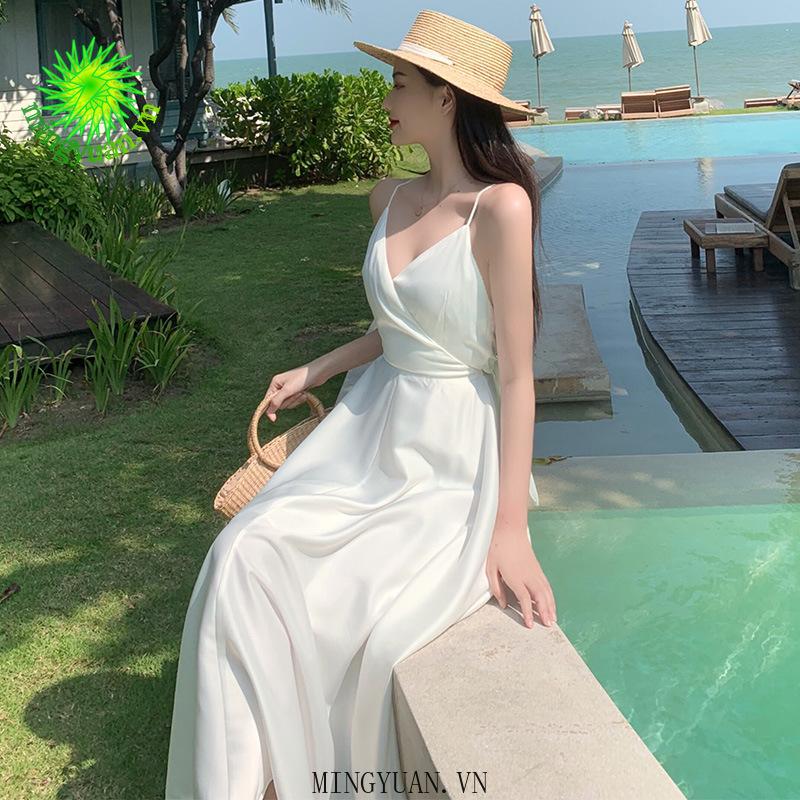 Đầm Hai Dây Dáng Dài Vải Satin Trơn Phong Cách Retro