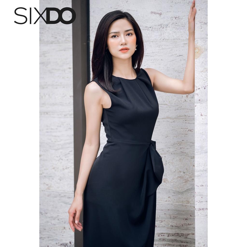 Đầm lụa đen sát nách xẻ tà phối nơ eo SIXDO