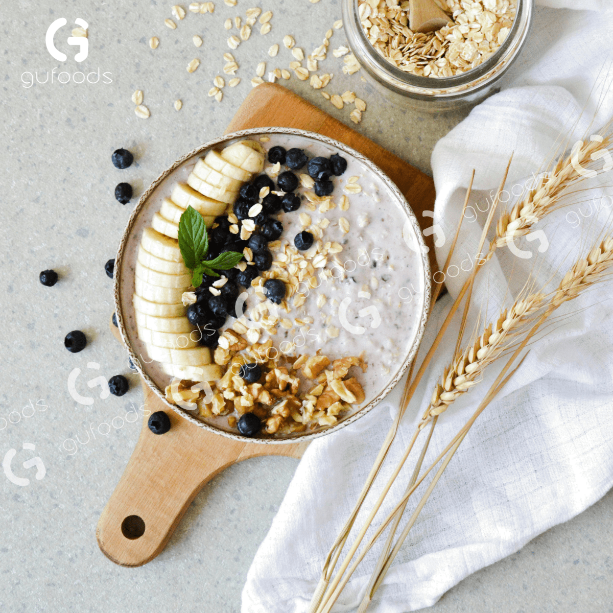 Bột Yến mạch ăn liền GUfoods (túi 500g) - Nguyên liệu nhập khẩu, Bột đã chín, Giàu chất xơ &amp; protein thực vật, Tốt cho sức khoẻ, Ăn kiêng, Healthy, Tập gym, Eat clean