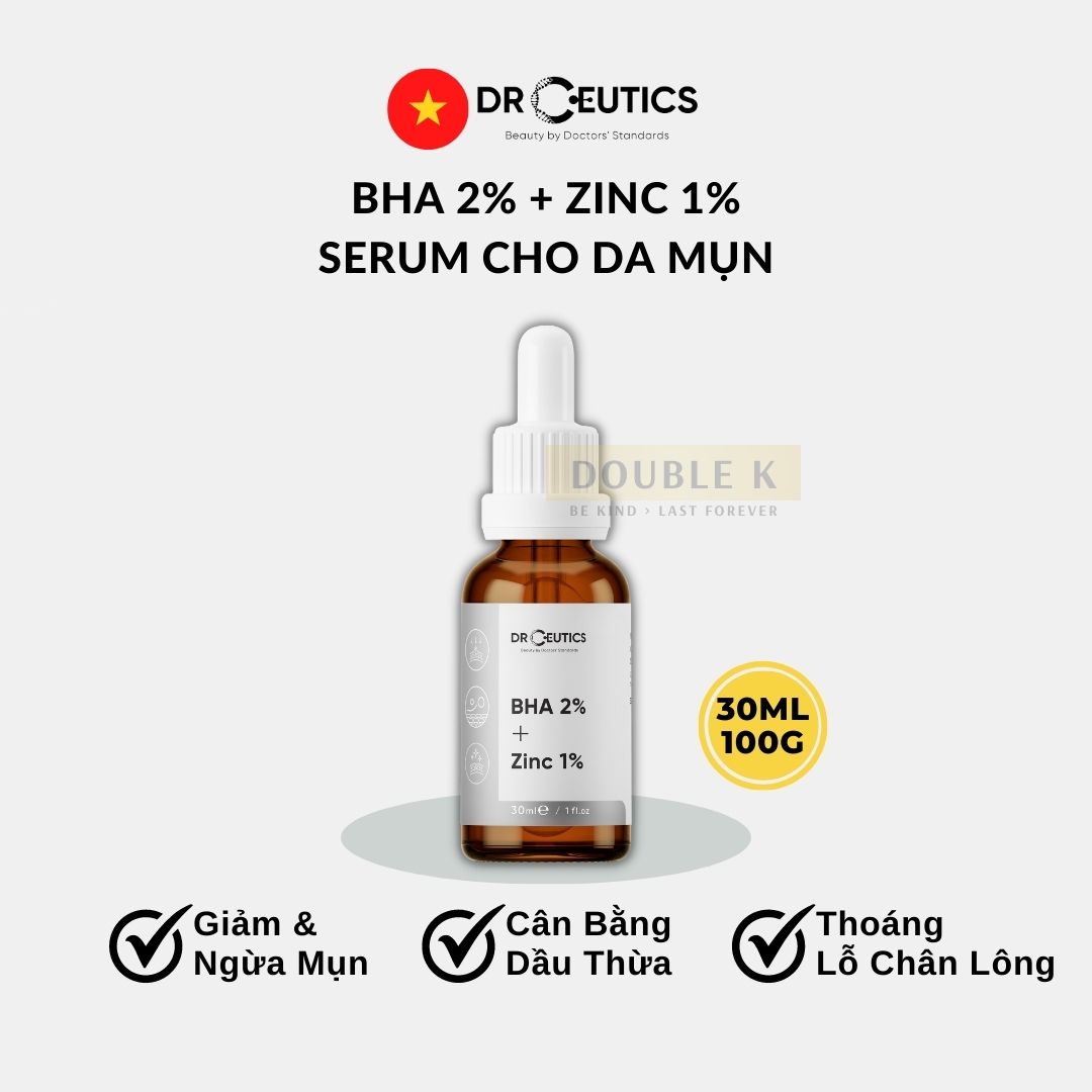 Serum Mụn DrCeutics BHA 2% + ZinC 1% - Cải Thiện Tình Trạng Mụn, Cân Bằng Dầu Nhờn, Thoáng Lỗ Chân Lông - Double K