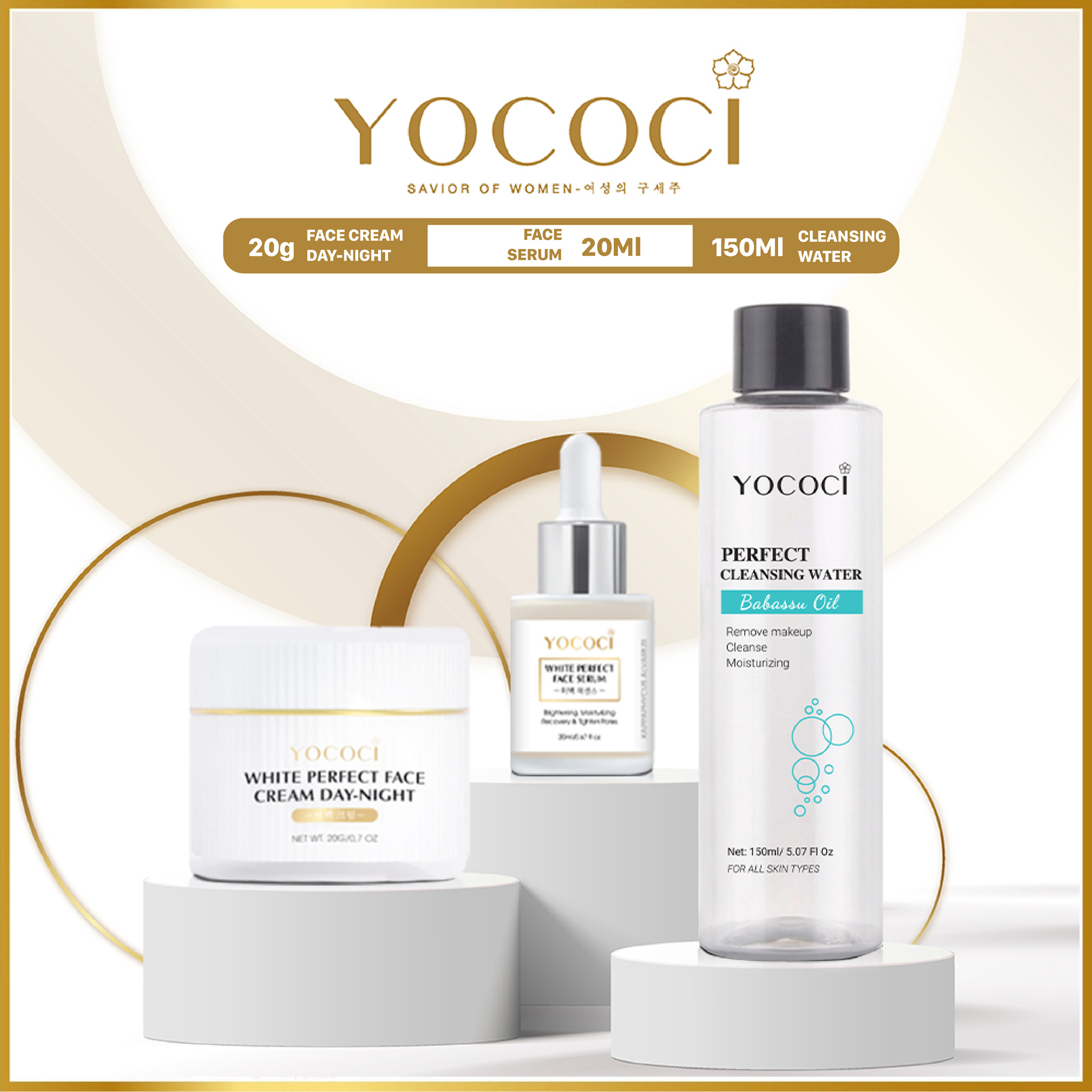 Bộ 3 sản phẩm Yococi Perfect gồm 1 serum dưỡng da 20ml, 1 kem dưỡng trắng da mặt 20g &amp; 1 nước tẩy trang 150ml