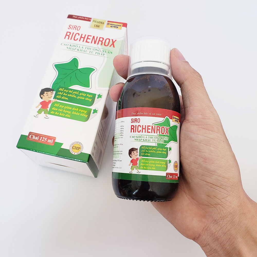  Siro ho cho bé RICHENROX giảm ho, tiêu đờm, viêm họng, viêm phế quản chai 125ml thành phần từ Cao lá thường xuân, húng chanh