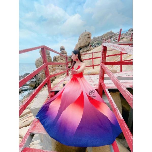 HOANGYEN - Edana dress đầm maxi hở lưng phối bèo đi biển, váy đi biển, du lịch