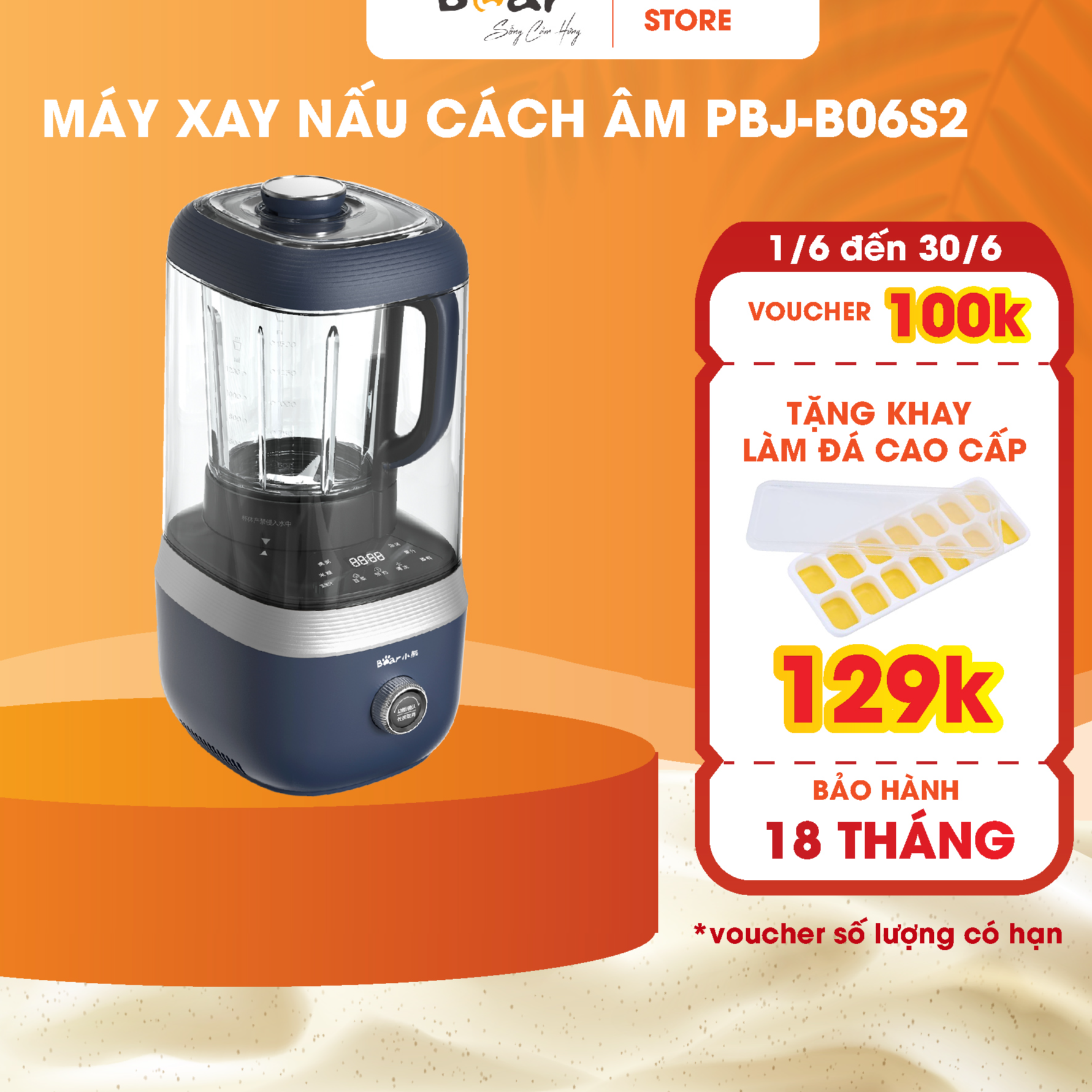 Máy Xay Nấu Đa Năng Bear 1,5L Chống Ồn Cao Cấp, Làm Sữa Hạt, Sinh Tố Tiện Lợi PBJ-B06S2 - Hàng chính hãng