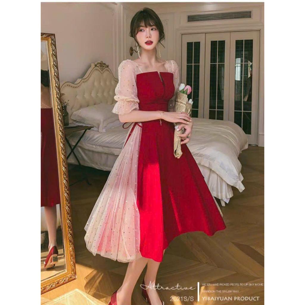 Váy đầm nữ dáng xòe cổ V phối lưới kim sa cột nơ xinh xắn