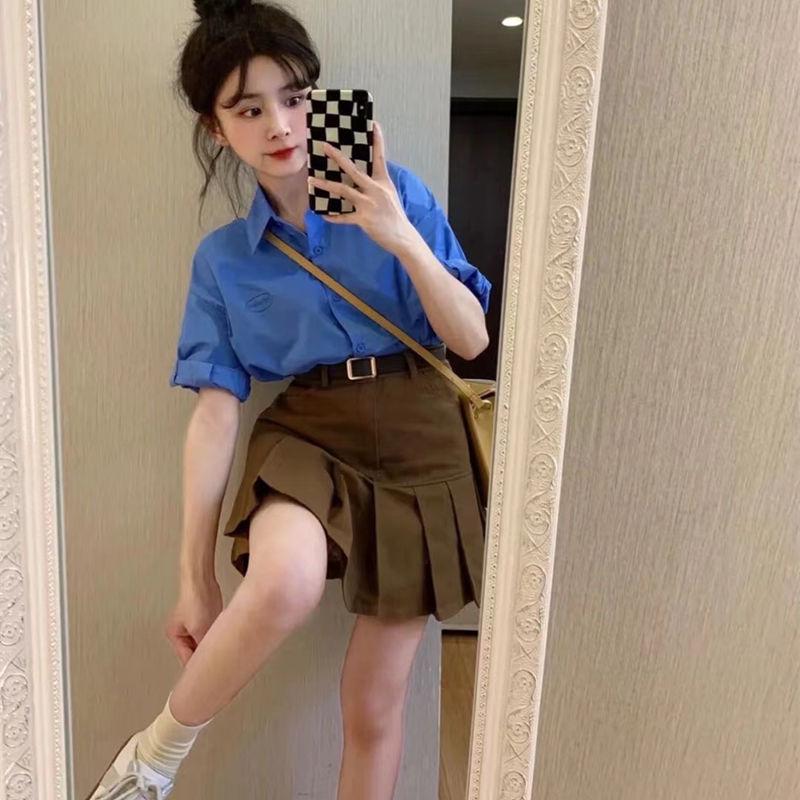 SHUANGYAN REUP mùa hè phù hợp với phụ nữ 2023 nhỏ ngọt ngào cay cao cấp ngắn tay áo sơ mi top a-word váy nửa người